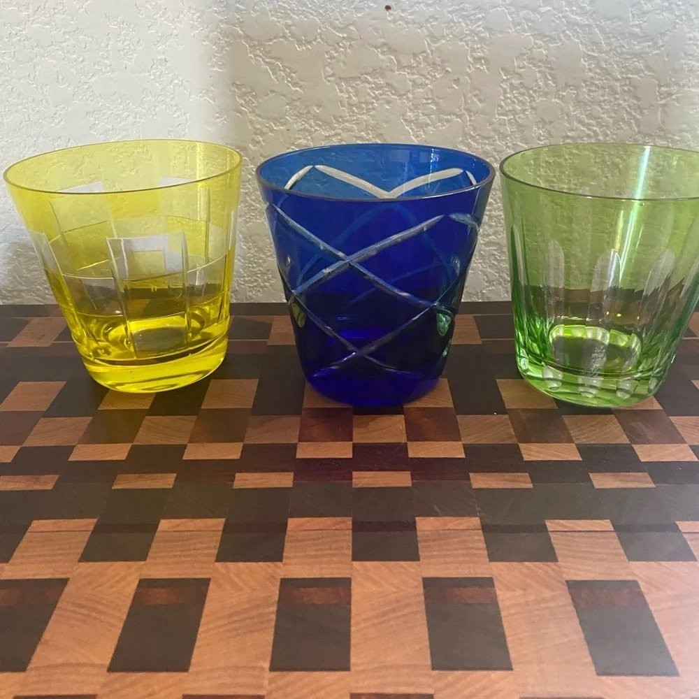 3 Vintage Hand Cut Fused Retro Cobalt Yellow Lime Highball Glass Bareware Set